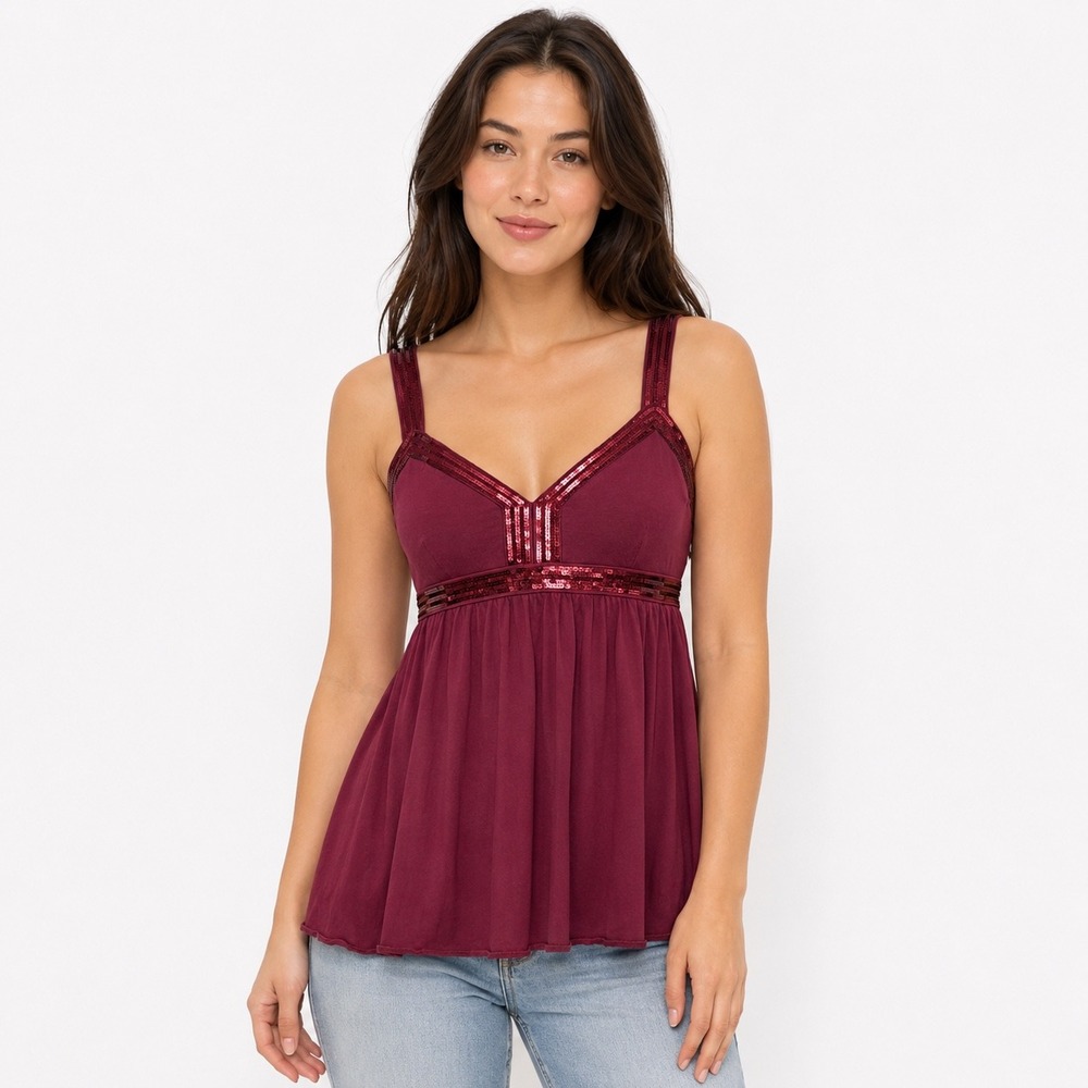 Express Camisole Medium Burgundy Sequin Empire Waist Babydoll Tank Top